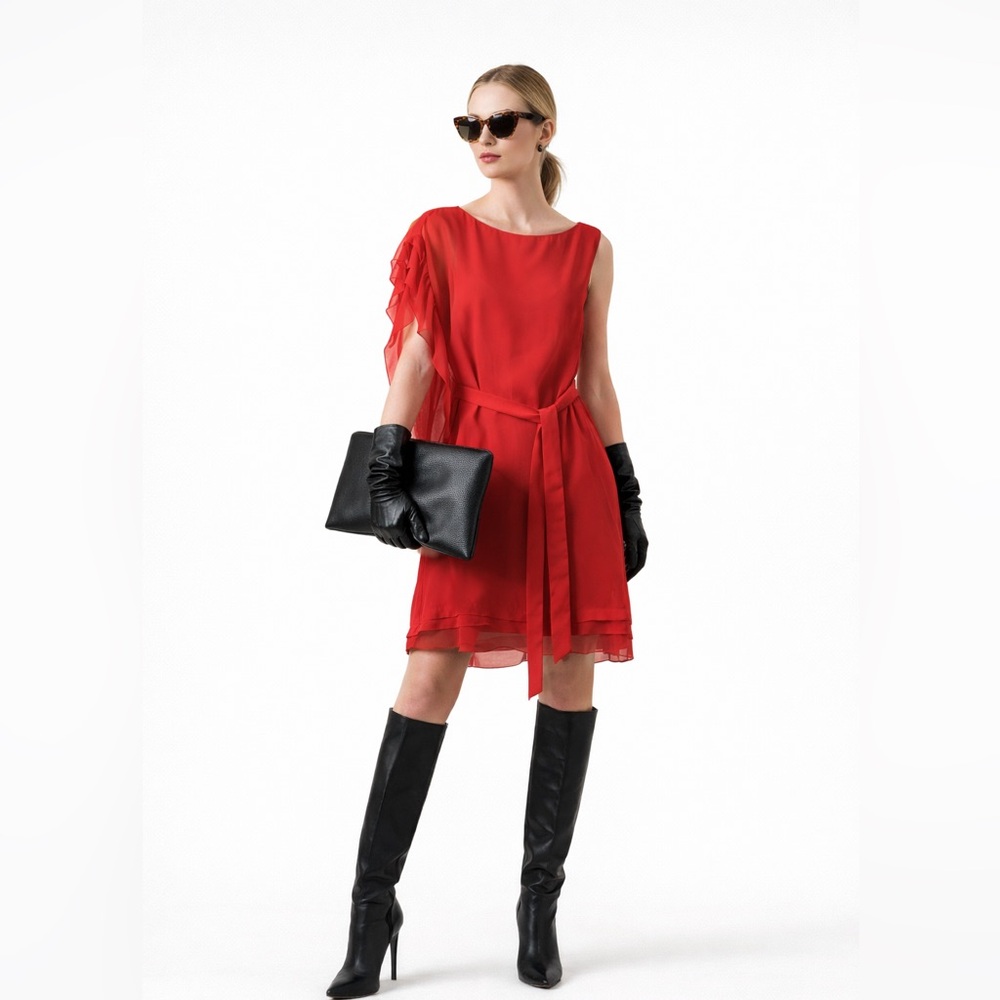 Vince Camuto Red One-Shoulder Chiffon Dress Sz 14 Ruffle Tie Classy Date Night - Picture 2 of 10